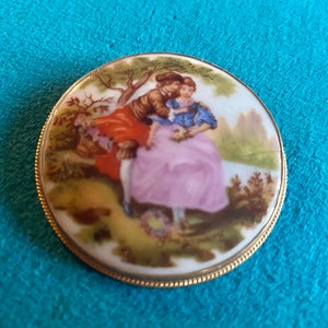 Limoges Hand Painted Porcelain Brooch Courting Couple Signed Fragonard at Front Made in France c1940s