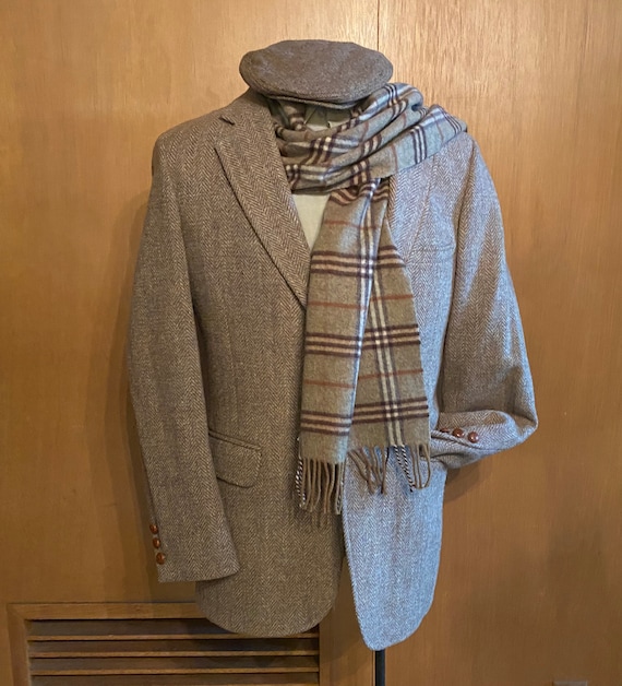 Wool Scarf Muffler Brown Beige White Plaid Tartan 