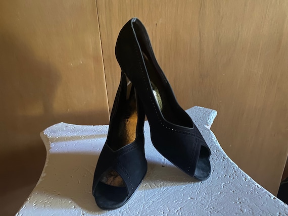 Vintage Open Toe Black Suede Shoes - Peep Toe - S… - image 1