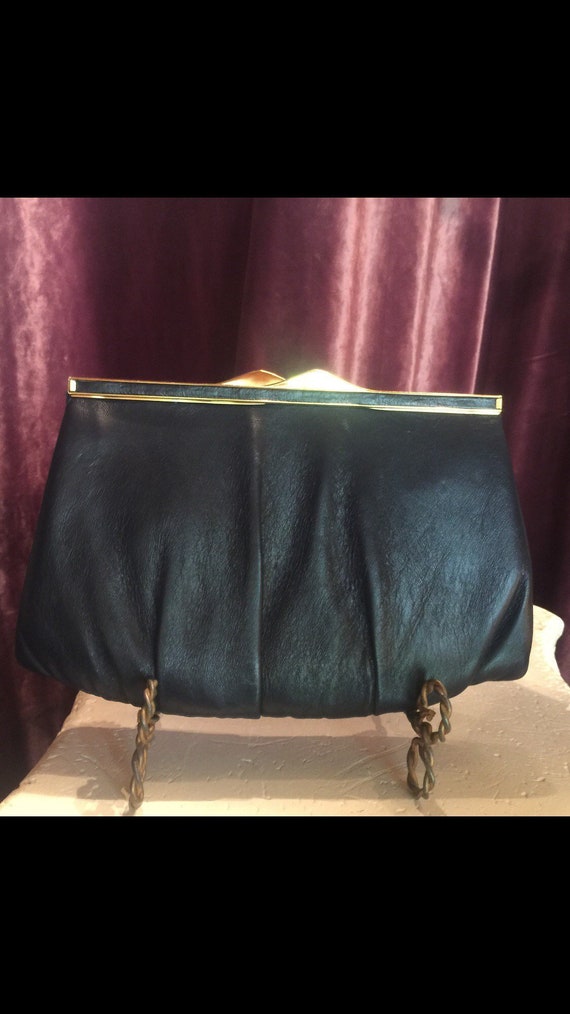 ANDE 1970s Navy Blue Leather Clutch Handbag with C