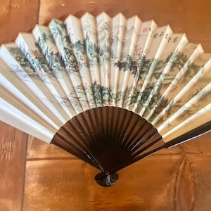 Antique Asian Folding Hand Fan Landscape Calligraphy Ebony Wood Handle circa 1950s