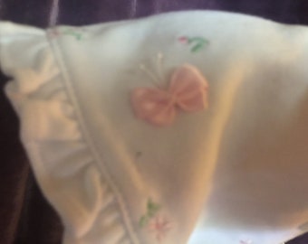 Infant Baby Bonnet White Cotton Knit with Pink Embroidered Butterflies and Flowers -  Le Top - Never worn - Newborn 0-6 Months