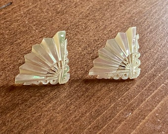 Vintage Mother of Pearl Sterling Silver Fan Screw Back Earrings circa 1950s