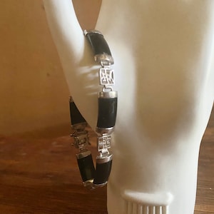 Onyx Stone & Sterling Silver Asian Bracelet -  Good Luck Characters  - Hinged Link Bracelet circa 1980s REDUCED