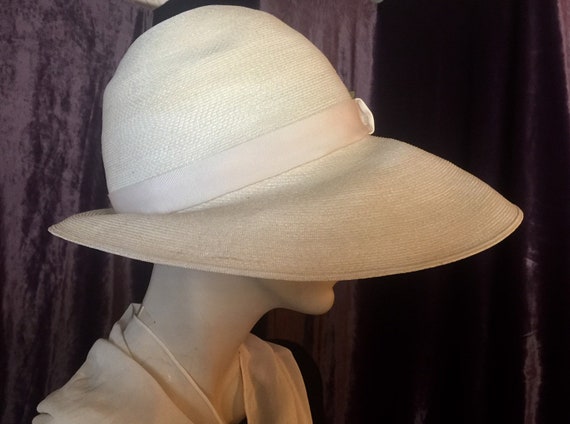 1950s * Mr. John *  Straw Hat Cream with Teal Mis… - image 3