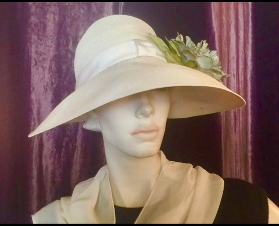 1950s * Mr. John *  Straw Hat Cream with Teal Mis… - image 1