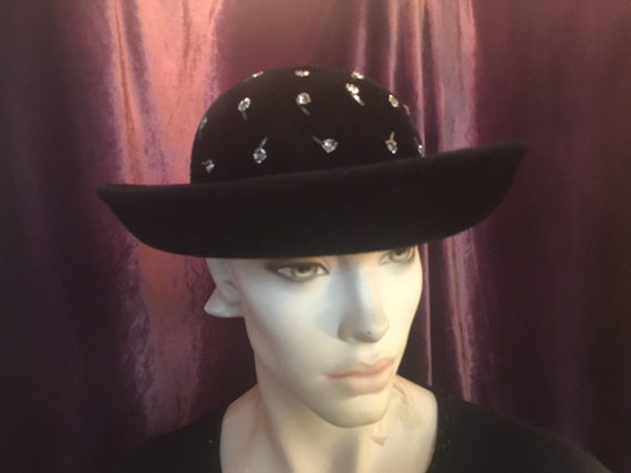 1950s Black Velvet Hat with Mirrored and Silver B… - image 5