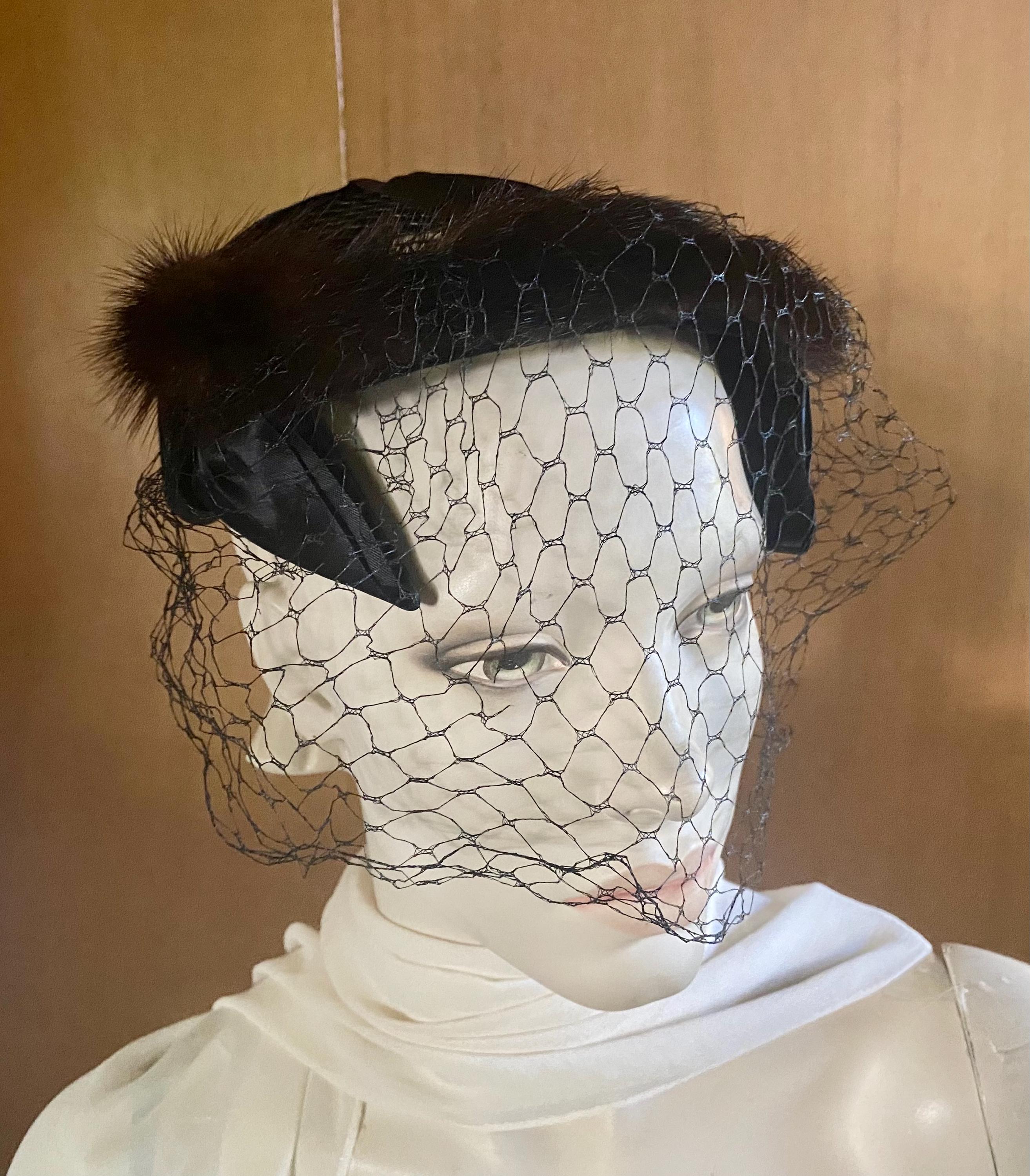 Vintage Pastel Mink with Bow & Veil Fascinator Halo Hat Open Crown Mink Hat With Veil - Etsy main image 3