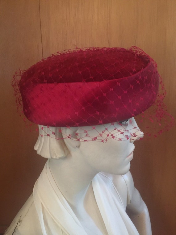 1950s Ruby Red Satin Pillbox Hat with Veil Made in