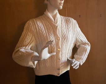 Pullover - Aran Irish Handstrick-Cardigan Natürliche Cremefarbe - circa 1980er Jahre REDUZIERT