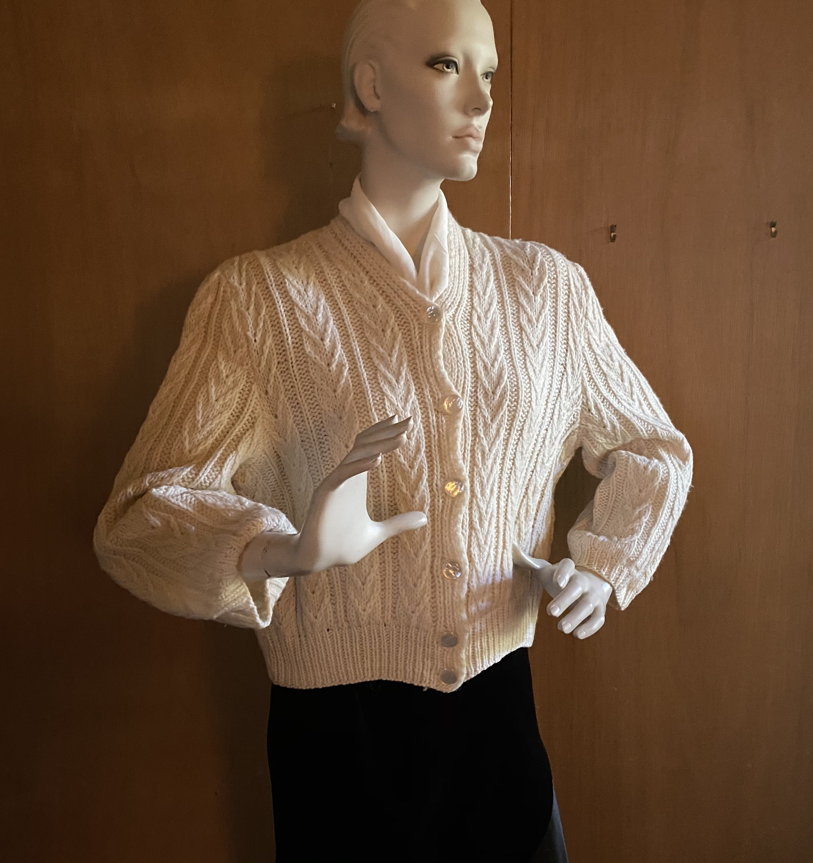 Sweater- Aran Irish Hand Knit Cardigan Natural Cream Color - Circa