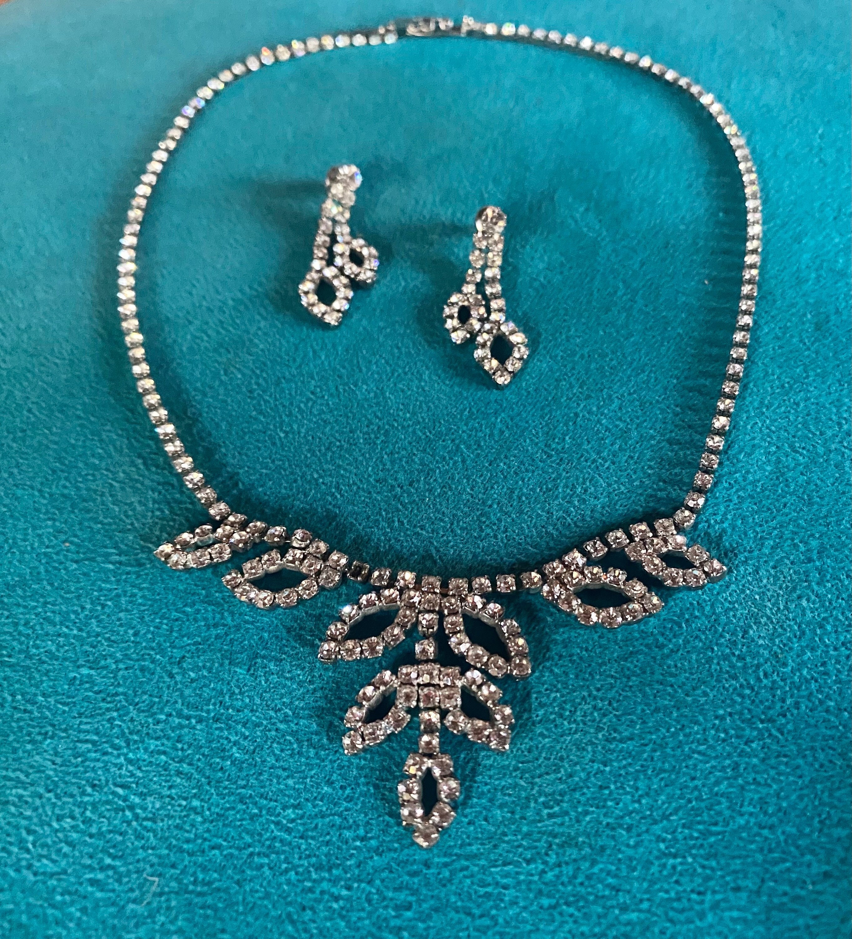 Vintage Rhinestone Jewelry Set Necklace and Earrings Circa