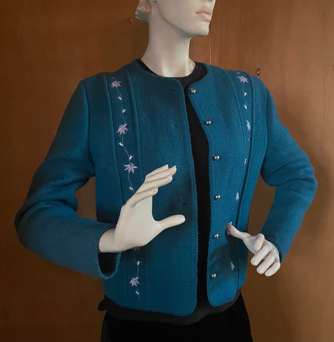 SALE Teal Turquoise Boiled Wool Sweater Jacket Embroidered Flowers