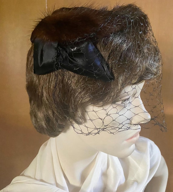 1950\'s Mink Fascinator with Veil Vintage Fur Headband Hat With Veil, Whimsy Hat, Vintage Hat  main image 4