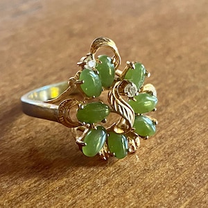 Vintage Gold Tone Nephrite Jade Ring with Rhinestones - Size 8