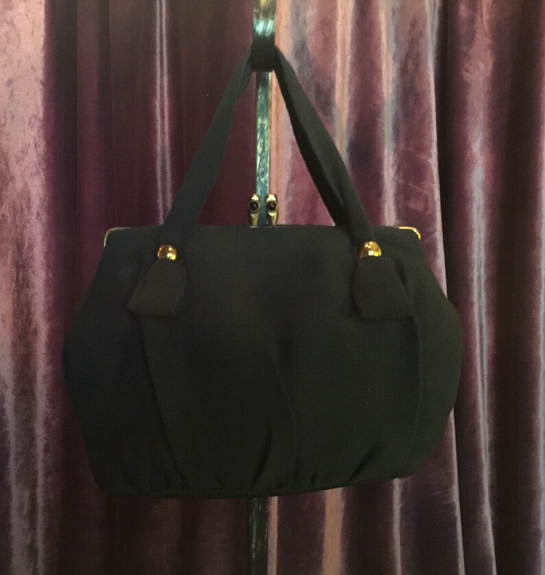 1940s Black Evening Bag Double Top Handles with Brass and Blue Stone Accents Opera Purse