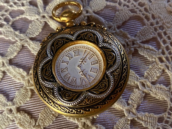 Faux Pocket Watch Pin Bronze and Gold Metal  Can … - image 1