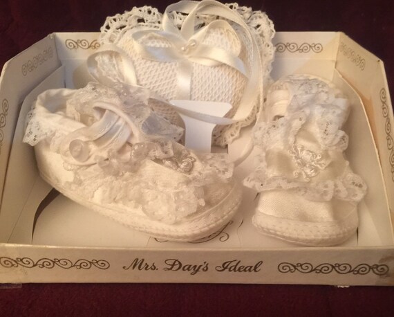 Christening Set Satin Lace Booties and Heart Sach… - image 2