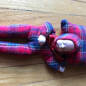 Porcelain Doll wearing Plaid Flannel Bunting and Matching Pillow Ready for the Holidays!