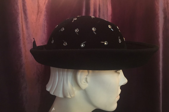 1950s Black Velvet Hat with Mirrored and Silver B… - image 1