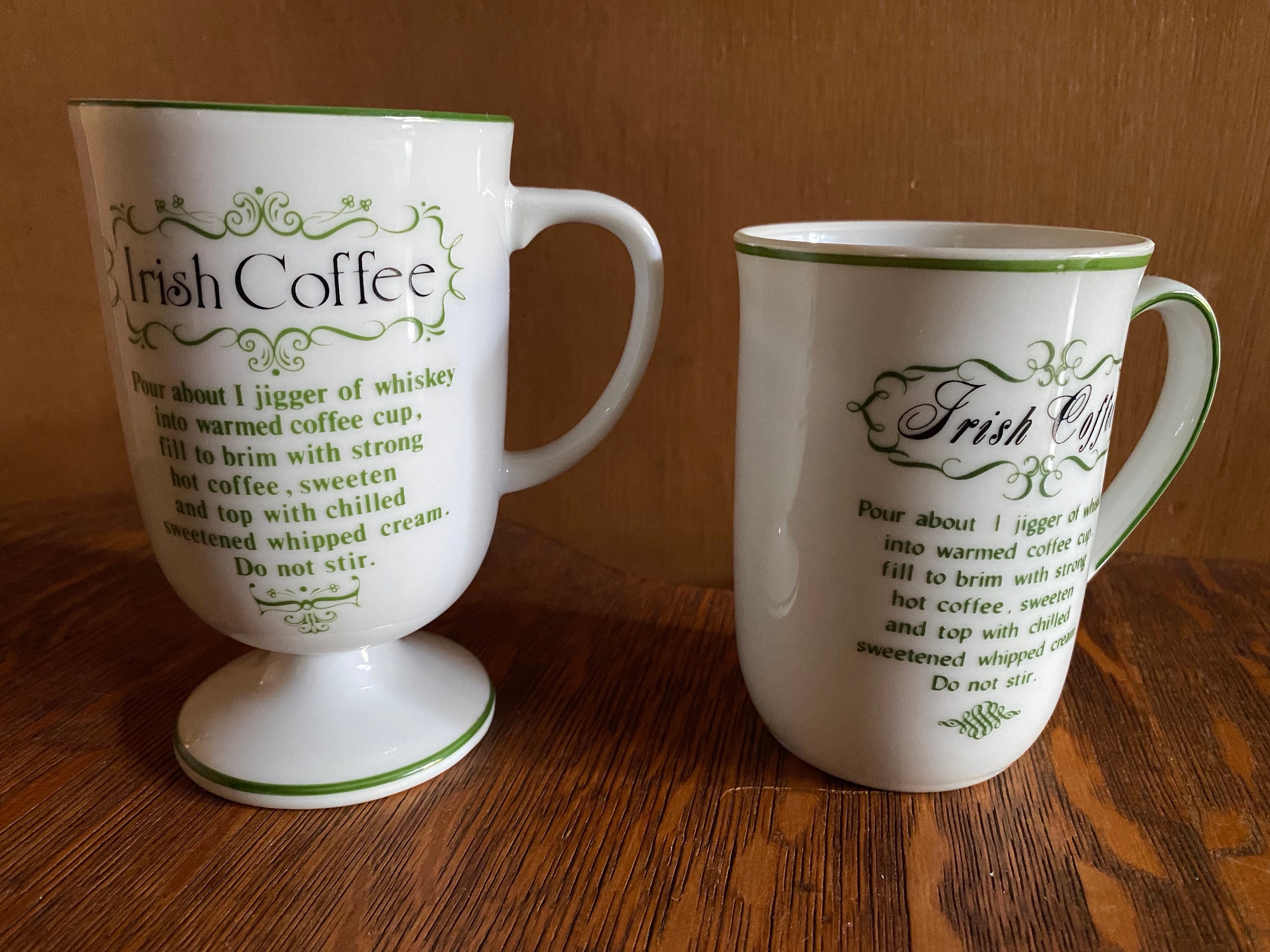 Pair of Vintage Irish Coffee Mugs Pedestal Green Trim & Recipe For Irish  Coffee