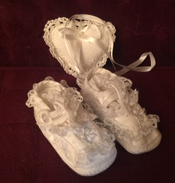 Christening Set Satin Lace Booties and Heart Sach… - image 1
