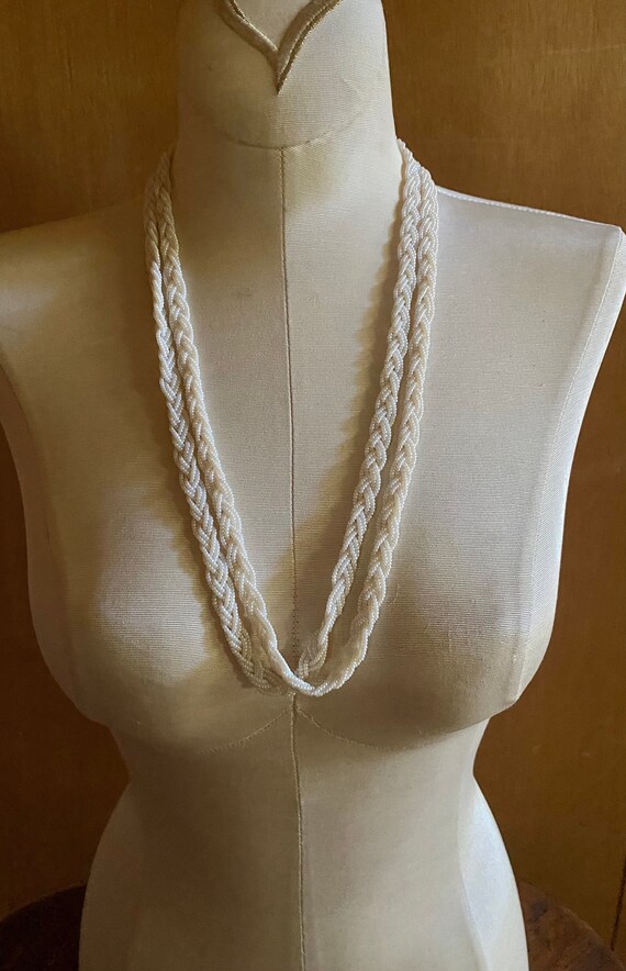 Long Braided Faux Seed Pearl Necklace White circa 