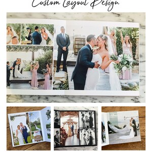 Puede incluir: &Aacute;lbum de fotos de boda abierto con una variedad de fotos de una pareja de novios y su cortejo de bodas. El &aacute;lbum tiene una cubierta blanca y est&aacute; abierto para mostrar una doble p&aacute;gina con fotos de la pareja bes&aacute;ndose, la pareja caminando por el pasillo y el cortejo de bodas.