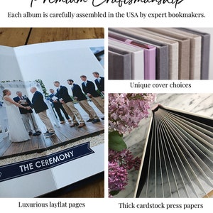 Puede incluir: Un &aacute;lbum de fotos de boda con un dise&ntilde;o layflat y p&aacute;ginas gruesas de cartulina. La cubierta del &aacute;lbum es de tela de lino suave con una variedad de opciones de color. El &aacute;lbum est&aacute; hecho en los Estados Unidos por encuadernadores expertos.
