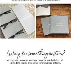 Puede incluir: Un conjunto de &aacute;lbumes de fotos grises con cierres de cinta negra. Los &aacute;lbumes est&aacute;n dispuestos en una pila con el &aacute;lbum superior que muestra el texto "Grey + Lauren August 22, 2020". El texto "Add Replica Copies" est&aacute; en la parte superior de la imagen. El texto "Makes a thoughtful gift for parents & grandparents" est&aacute; debajo del texto "Add Replica Copies". El texto "Looking for something custom?" est&aacute; en la parte inferior de la imagen. El texto "Message me to receive a custom quote or to schedule a call." est&aacute; debajo del texto "Looking for something custom?". El texto "Upgrade to luxury print styles for even more options." est&aacute; debajo del texto "Message me to receive a custom quote or to schedule a call.". El texto "Shortcake ALBUMS" est&aacute; en la parte inferior de la imagen. El texto "www.shortcakealbums.com" est&aacute; a la derecha del texto "Shortcake ALBUMS".