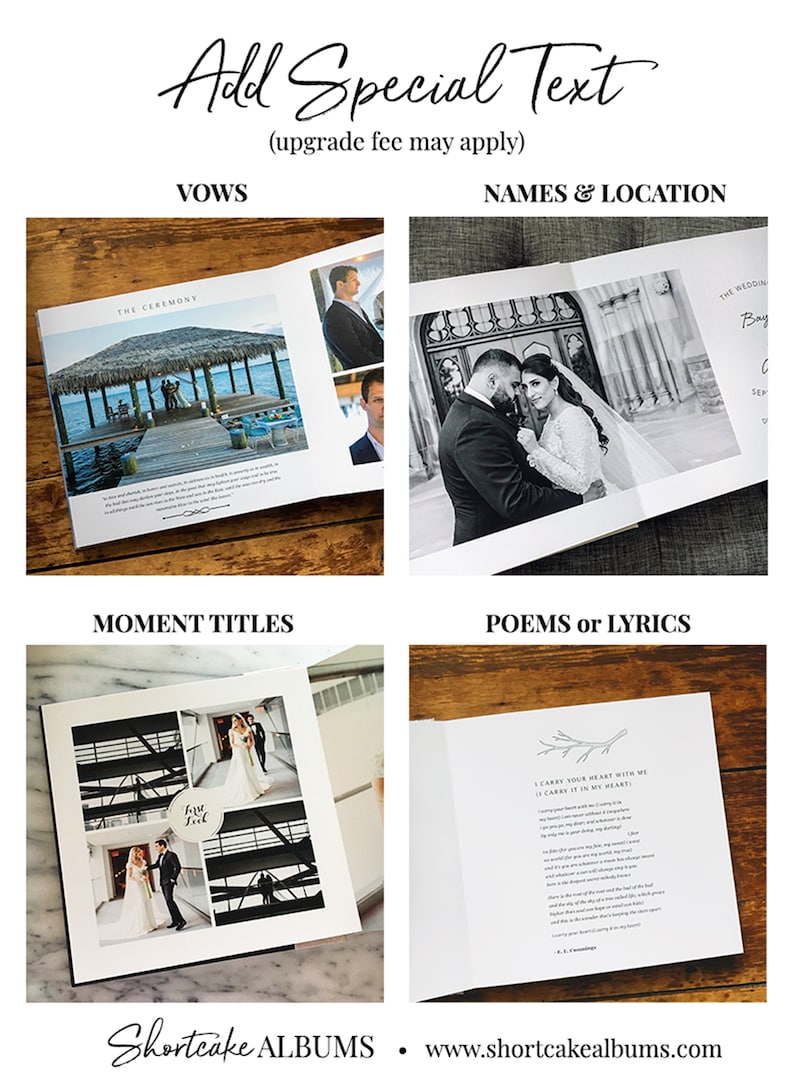 Puede incluir: Cuatro &aacute;lbumes de fotos abiertos que muestran diferentes opciones para agregar texto especial a un &aacute;lbum de bodas. Las opciones incluyen votos, nombres y ubicaci&oacute;n, t&iacute;tulos de momentos y poemas o letras. Los &aacute;lbumes est&aacute;n sobre una superficie de madera.