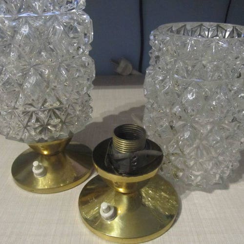 A shops Pair of Mid Century Brass and Crystal Glass Lamps