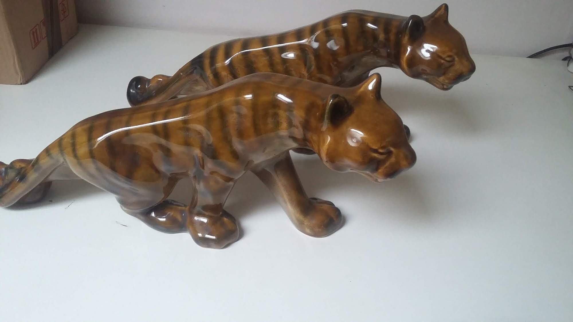 Large Vintage Porcelain Tiger Figurines/ Mid Century Ceramic Etsy