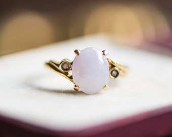 Vintage Pink Jade Diamond Ring, 14k Gold Promise Jewelry, Size 7