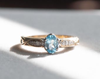 Vintage Topaz Solitaire Ring with diamond shoulders, Gold Engagement Ring