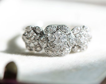 Vintage Diamond Engagement Ring, 9ct White Gold Flower Jewelry