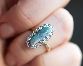 Early 20th century opal diamond ring, gold engagement ring, antique blue stone jewellery, jewelry anniversary birthday wife girfriend gift