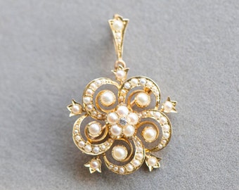 19th Century Diamond Pearl Gold Flower Brooch Pendant, Art Nouveau