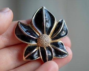 Vintage Golden Flower Brooch, Black Enamel Costume Jewelry