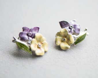 Vintage costume enamel clip on earrings, purple yellow flower jewellery, silver colour jewelry girl wife daughter anniversary birthday gift