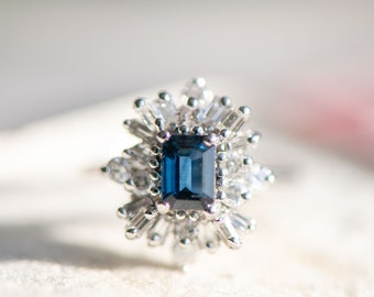 Vintage Sapphire Diamond 14K White Gold Ring, Cocktail Jewelry, Size 5