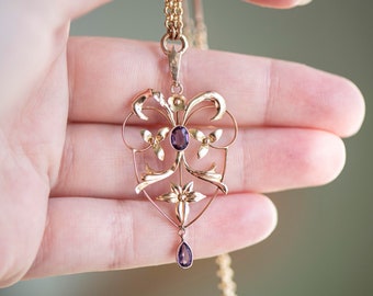 Edwardian 9ct Gold Amethyst Floral Pendant Necklace, Art Nouveau