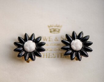 Vintage Black & White Flower Clip On Earrings, Costume Jewelry