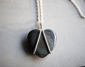 Vintage heart shaped silver stone pendant, estate jewellery necklace, retro jewelry Velentines anniversary wife girlfriend gift idea