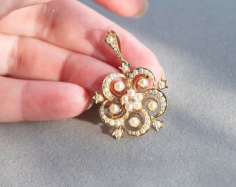 19th century antique pearl diamond gold brooch, flower design pendant necklace, old cut diamond Art Nouveau, vintage jewellery accessories