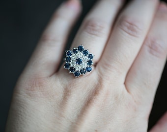 1976 Vintage Sapphire Diamond Ring, 18k White Gold, UK Size N 1/2