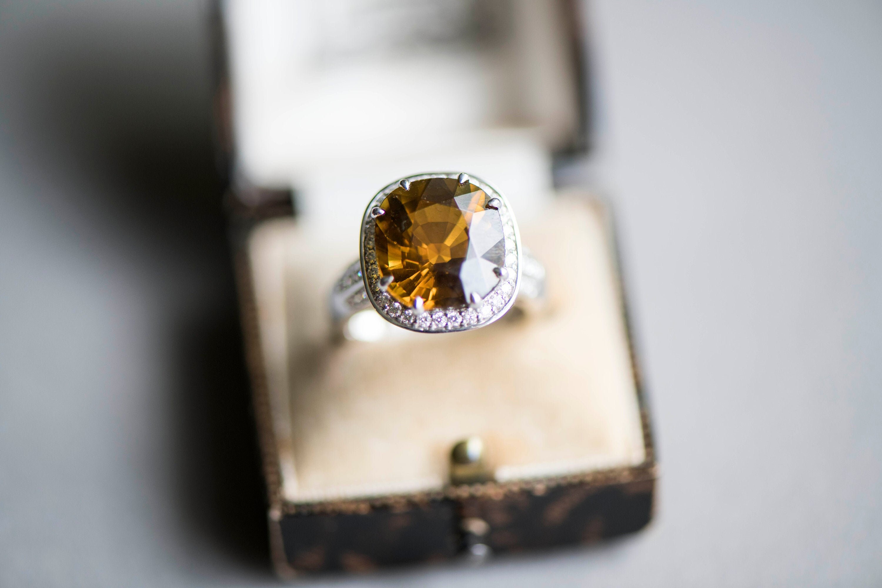 Vintage brown zircon diamond ring, dark yellow gemstone white gold antique jewelry, big statement cocktail jewellery, dress wife gift idea