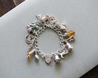 70s Nuvo & CHIM Collectable Vintage Sterling Silver Charm Bracelet, Curb Chain Bracelet