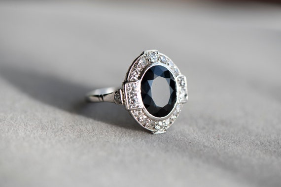 Art Deco sapphire diamond engagement white gold r… - image 6
