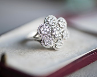 Vintage diamond engagement ring, floral white gold antique style proposal jewellery, estate jewelry, anniversary gift idea wife women